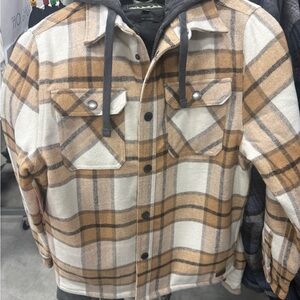 Lightweight Hooded Plaid Shacket in Cream and Tan